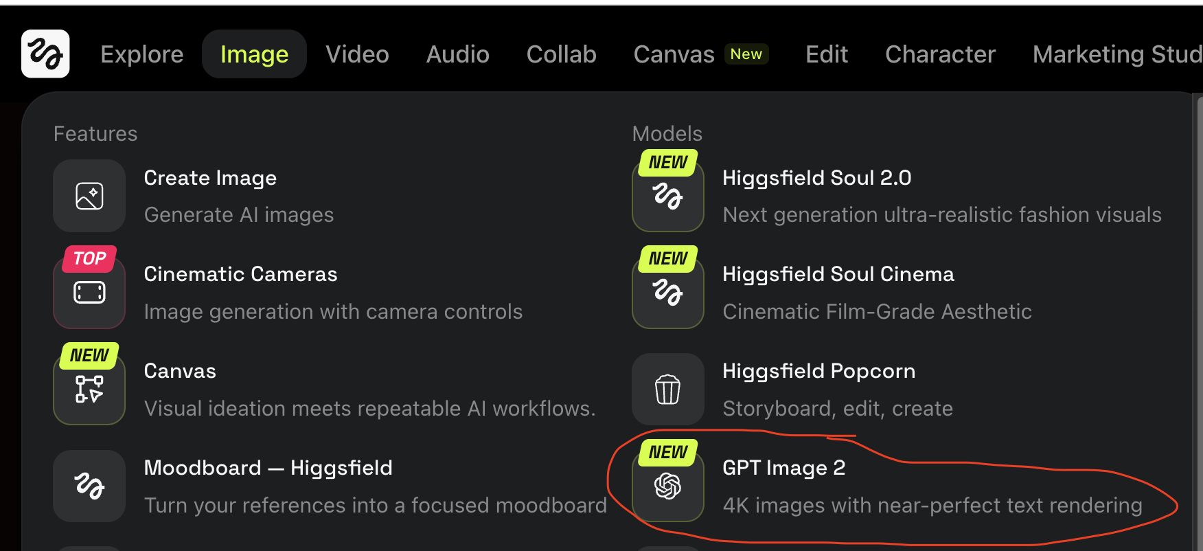 Higgsfield Image tab showing GPT Image 2 under the Models column
